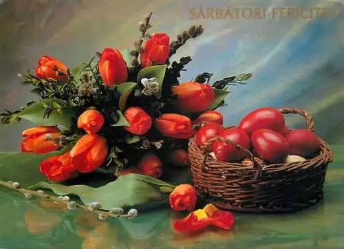 Holiday Easter scene Romania tulips and eggs
