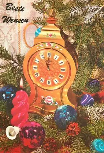 Holiday postcard Beste Wensen Christmas clock and globe