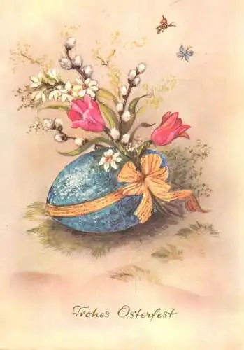 Holiday postcard Easter scene Frohes Osterfest egg flower