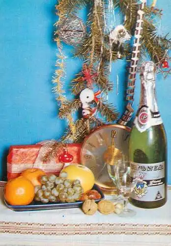 Holiday postcard New Year scene champagne and fruits