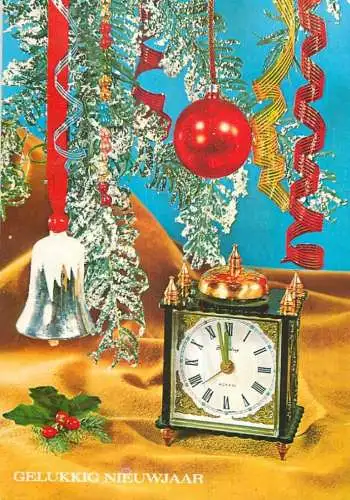 Holiday postcard Gelukkig Nieuwjaar clock globe bell