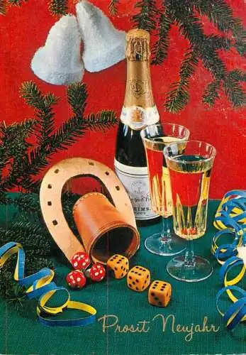 Holiday postcard Prosit Nieuwjaar champagne horseshoe dice