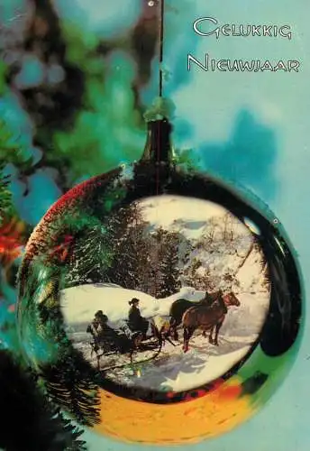 Holiday postcard Gelukkig Nieuwjaar Christmas globe horse sled