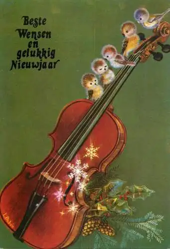 Holiday postcard Beste Wensen en Gelukkig Nieuwjaar violin birds