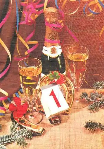 Holiday postcard Gelukkig Niewjaar 1st January champagne