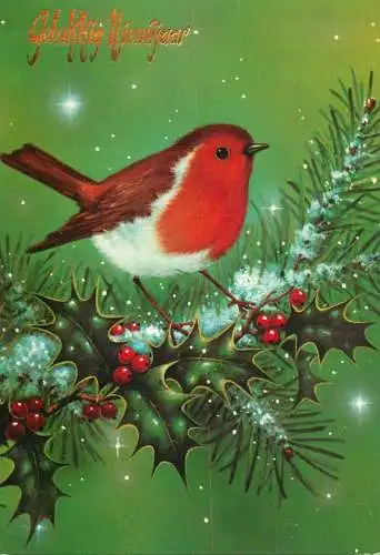 Holiday postcard Gelukkig Niewjaar bird on branch