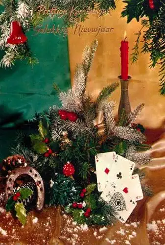 Holiday postcard Gelukkig Nieuwjaar Italy Christmas playing cards and horseshoe