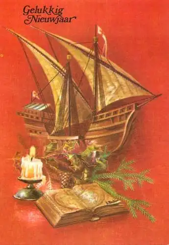 Holiday postcard Gelukkig Nieuwjaar sail ship book