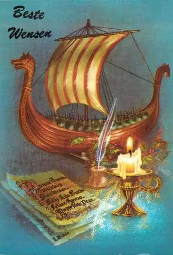 Holiday postcard Beste Wensen candle tririeme soldier boat