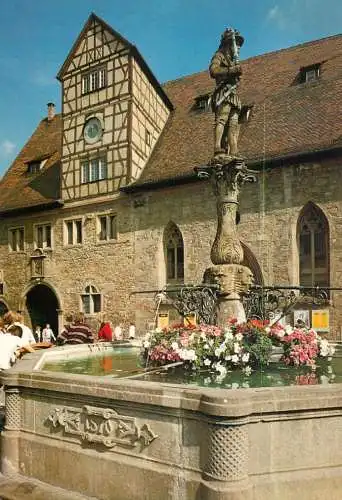 Germany Reutlingen Marktbrunnen mit Kaiser Maximilian II und Volksbildunghaus