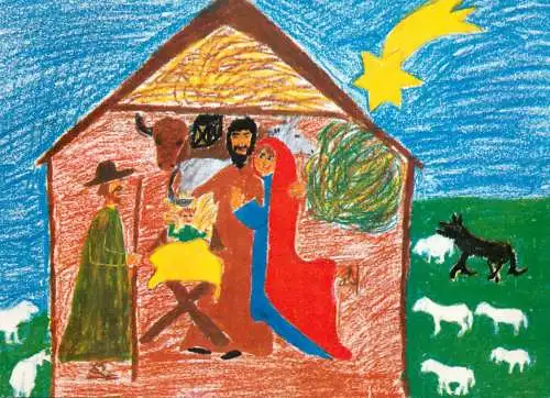 Holy Family Nativity scene children pencil drawing