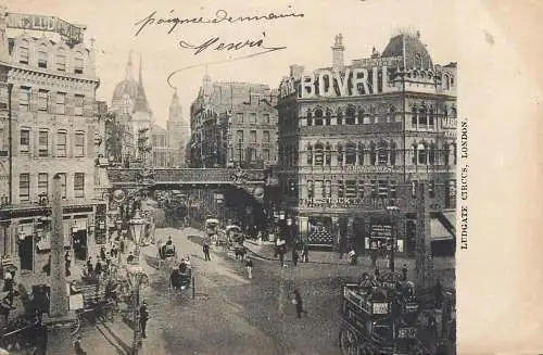 Old London surface transport carriage cart bus double deck Ludgate Circus