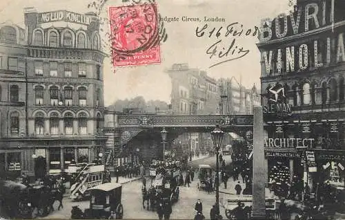 Old London surface transport Ludgate Circus carriage double decker bus