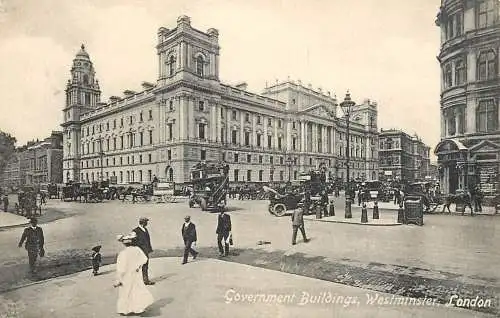 Old London surface transport Government buildings Westminster bus automobile
