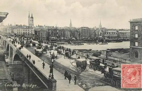 United Kingdom England Old London bridge cariage coach bus traffic Singer barge