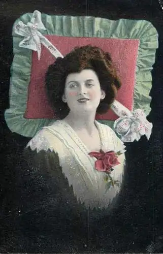 Woman and pillow vintage postcard