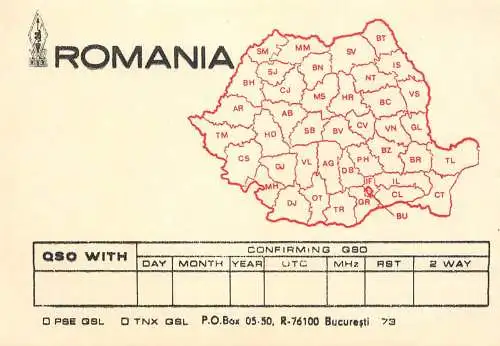 Radio amateur QSL card Romania districts map Bucuresti