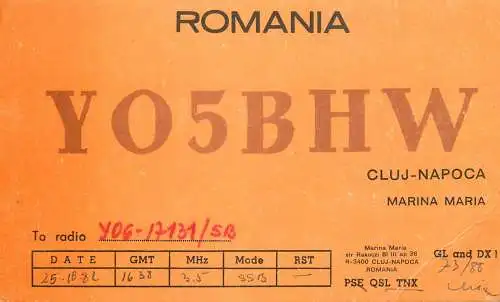 Radio amateur QSL card Romania Cluj-Napoca operator Marina Maria