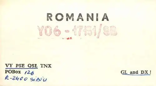 Radio amateur QSL card Romania Sibiu 1982
