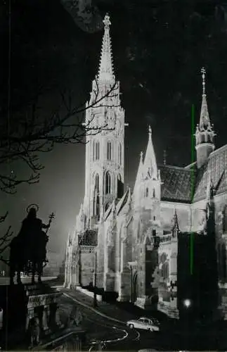 Hungary Budapest Matthias Church with St Stephen statue nocturnal view