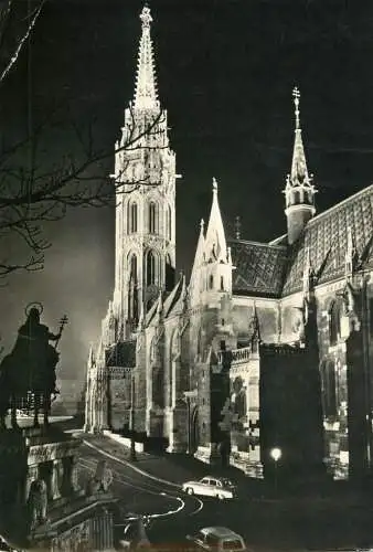 Hungary Budapest Matthias Church with St Stephen statue night view
