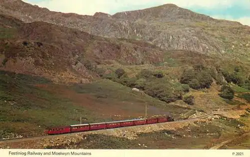 Railway transport train Festiniog railway and Moelwyn mountains