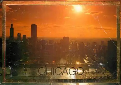 USA Chicago IL Sears Towers sunset over the city panoramic view