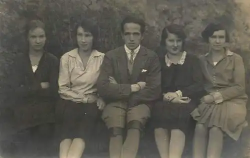 Social history real photo young man with beautiful young ladies group photo