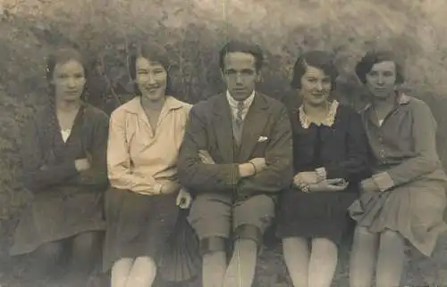 Real photo social history young gentleman and four ladies group picture
