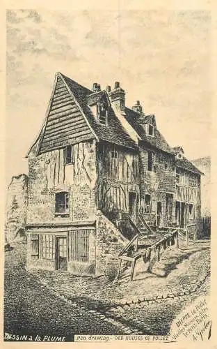 France Dieppe Old Houses of Pollet A. Gulon signed pencil drawing