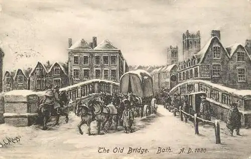 England Bath - the Old Bridge A.D 1820 signed illustration