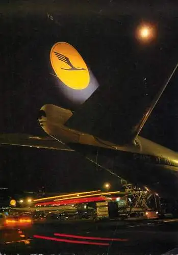 Lufthansa airplane in airport tail detail aspect nocturnal view