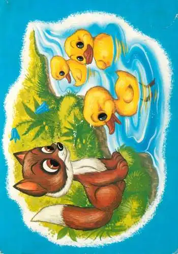 Animal postcard cartoon fox and chicken