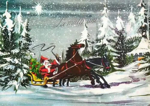 Holiday postcard Romania New Year Christmas Santa sled