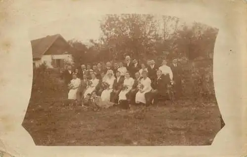 Photo postcard social history family reunion outdoors wedding party bride groom