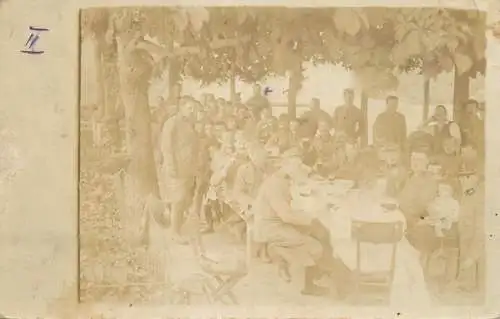 Photo postcard social history army soldier company at mess hall lunch