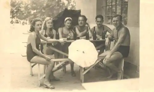 Photo postcard social history family pool relax drinks