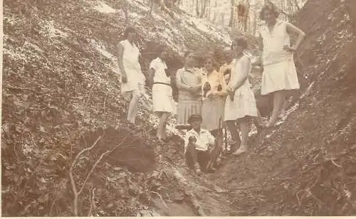 Photo postcard social history family hiking in the woods