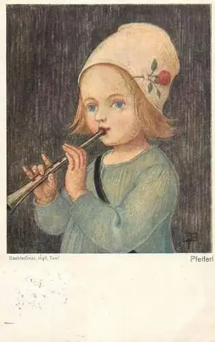 Music related vintage postcard Bachlechner Hall Tirol Pfeiferl girl playing a flute