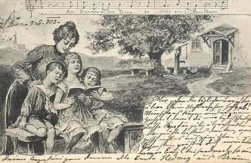 Music related vintage postcard am brunnen van dem Thore