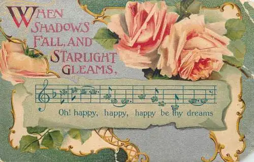 Music related vintage postcard when shadows fall and starlight gleams