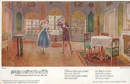 Music related vintage postcard couple dancing