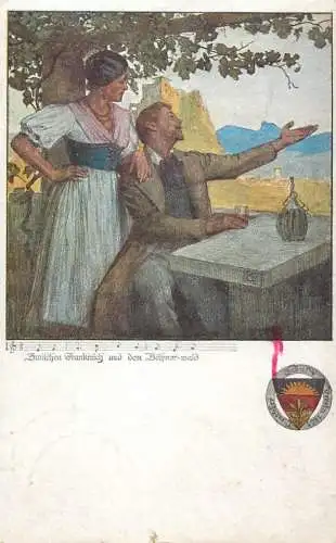 Music related vintage postcard couple outside