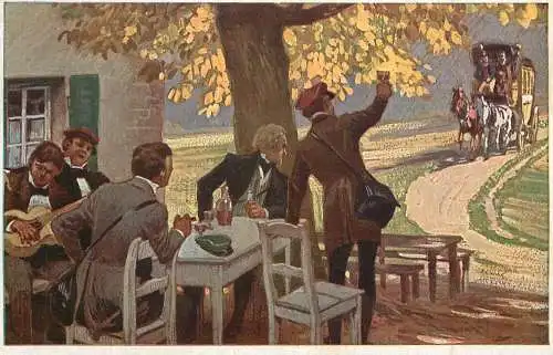 Music related vintage postcard musician party and coach