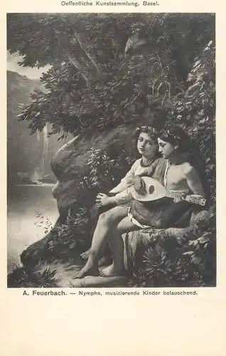 Music related vintage postcard A. Feuerbach nymphe musizierende kinder belauschend