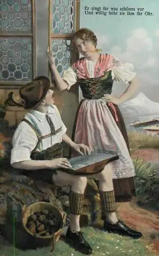 Music related vintage postcard Switzerland traditional costume and percution instrument