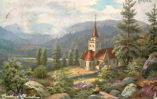 British fine art scenic postcard Crathie church 1906