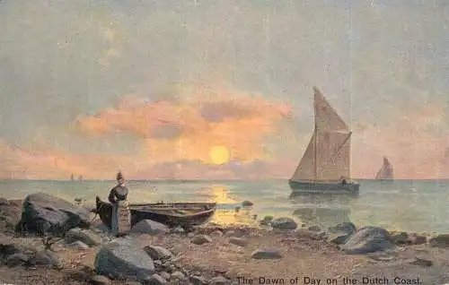 British fine art scenic postcard the dawn of day on the Dutch coast