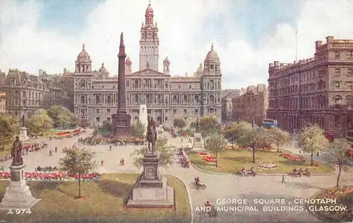 British fine art scenic postcard Glasgow George Square Cenotaph and municipal buildings