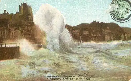 British fine art scenic postcard Hastings stormy day